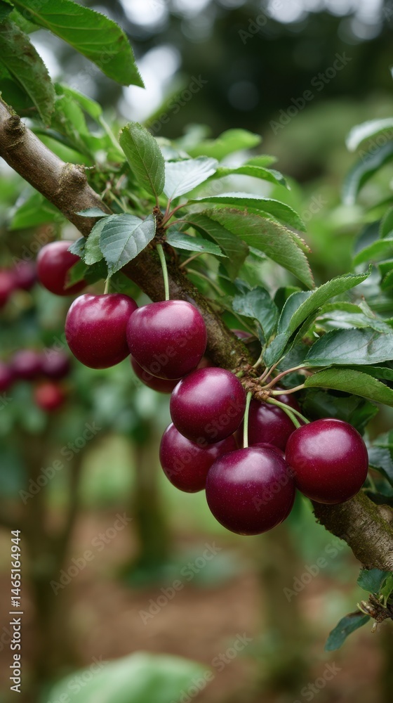 Obraz premium Delicious looking dark red cherries on tree branch amidst green leaves growing in garden environment