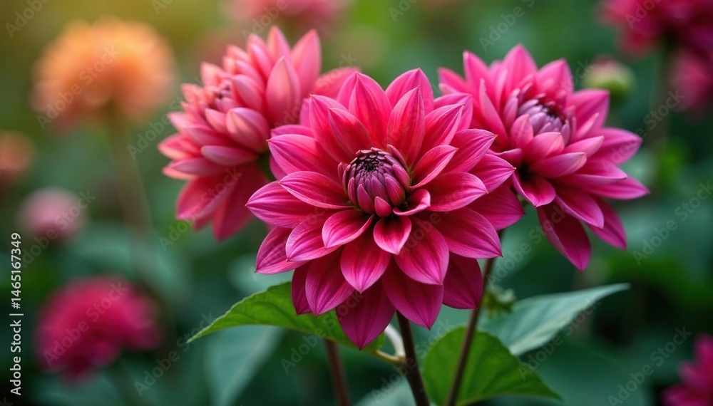 Obraz premium Intricate dahlia blooms, vibrant petals, lush foliage, red, botanical, decor