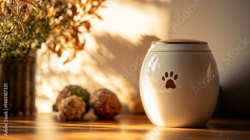 Ceramic pet urn with paw print on wooden table