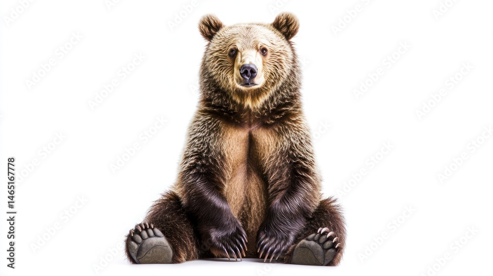 Fototapeta premium A fluffy brown bear sitting upright, with a playful expression, on a white background