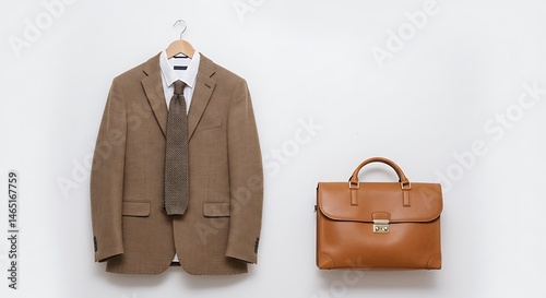 Formal attire display of a suit, shirt, tie, and briefcase.