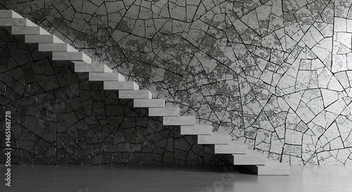 Modern concrete steps ascend a cracked stone wall.