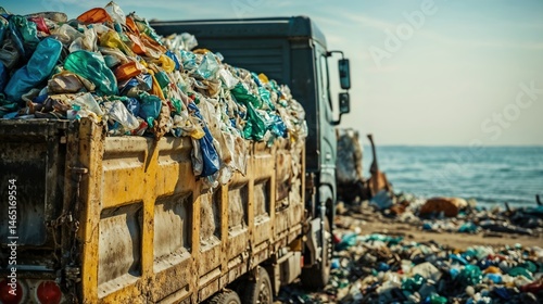 Garbage truck unloading plastic at polluted beach shore