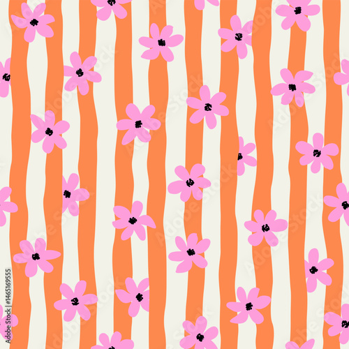 Trendy floral seamless pattern with vertical stripes. Modern flowers print design for fabric, textiles, clothing, packaging, cover, banner, home decor and backgrounds. Vector illustrations.