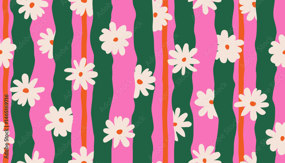 Trendy floral seamless pattern with vertical stripes. Modern flowers print design for fabric, textiles, clothing, packaging, cover, banner, home decor and backgrounds. Vector illustrations.