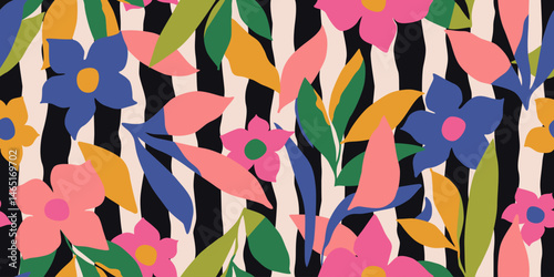Trendy floral seamless pattern with vertical stripes. Modern flowers print design for fabric, textiles, clothing, packaging, cover, banner, home decor and backgrounds. Vector illustrations.