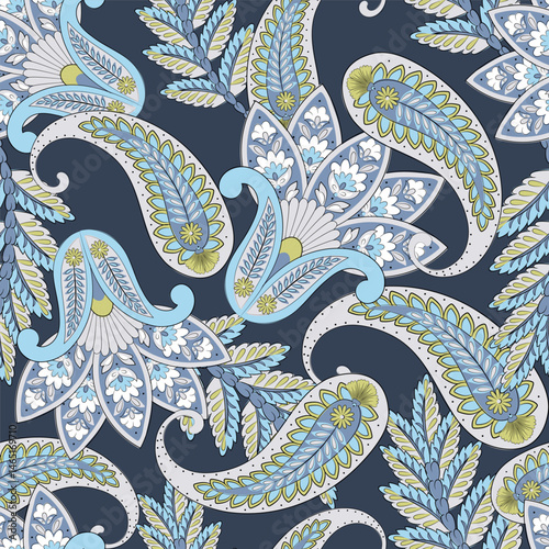 Paisley vector seamless design featuring stunning flowers and leaves in a batik-inspired style. Vintage backdrop