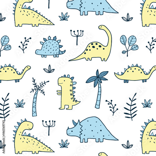 Hand drawn dinosaur pattern collection. Cute dinosaur design set. Perfect for kids fabric, textile, nursery wallpaper. Vector illustration.
