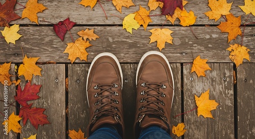 Autumnal footwear atop weathered wooden planks.