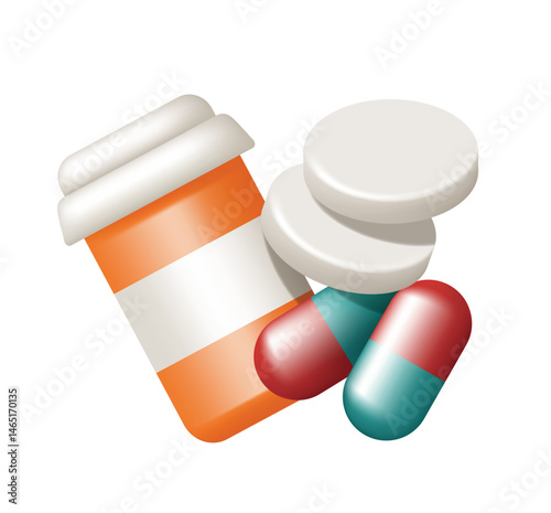 Pill bottle and pills. Vector composition on the topic of medicine.