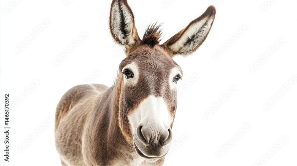 A friendly donkey standing with its ears perked up, looking inquisitive, on a white background A friendly donkey standing with its ears perked up, looking inquisitive, on a white background