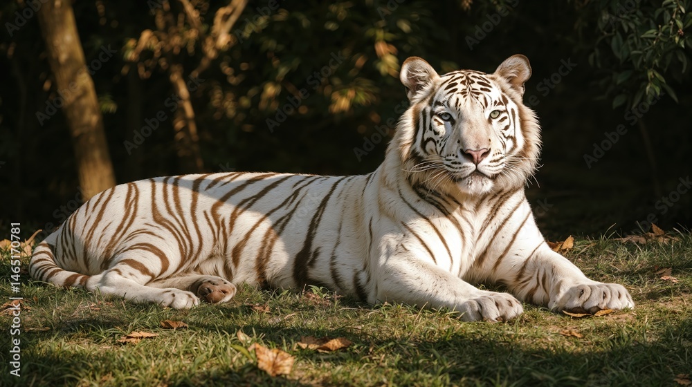 Fototapeta premium White Bengal tiger lying on grass in forest sunlight