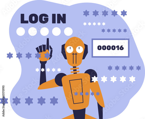 AI robot hacking user account — artificial intelligence cracking password, cybersecurity threat, cartoon bot brute force attack, digital data breach concept.