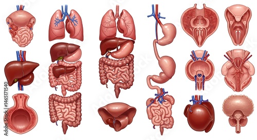 Detailed anatomical illustration of the human digestive system organs.