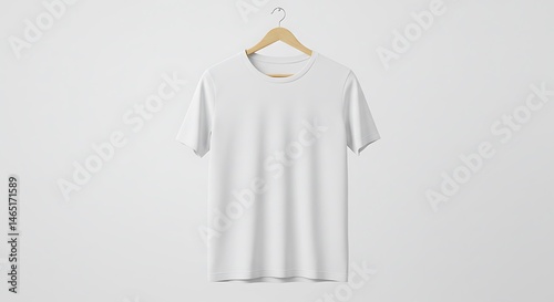Blank white t-shirt on wooden hanger against white background.