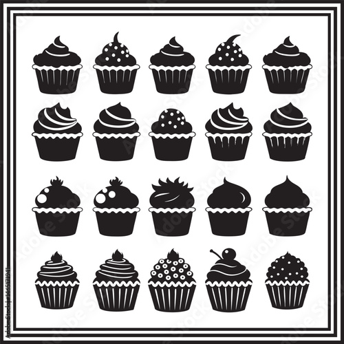Cupcake silhouette collection – vector set of decorated cupcakes with frosting, sprinkles, cherries, and toppings – dessert icons for bakery, pastry shop, sweets illustrations