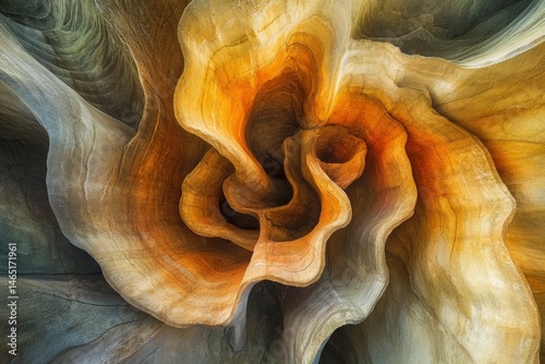 Abstract view of swirling rock formations resembling a flower, showcasing vibrant colors and textures