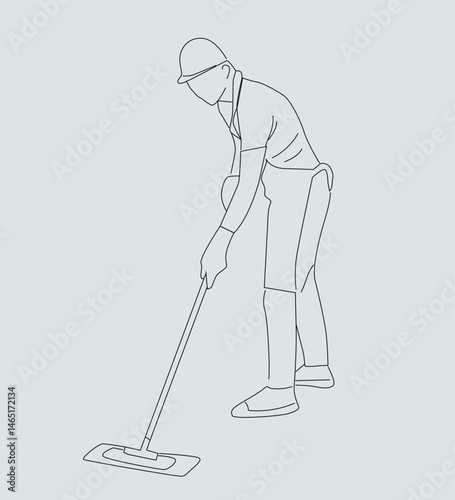 Male cleaner janitor cleaning the office, Continuous line drawing janitor mopping floor,