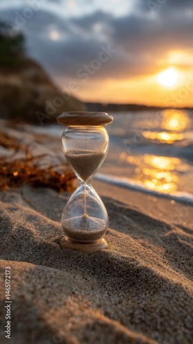 Hourglass on Sandy Beach at Sunset Measuring Time Passing with Golden Light