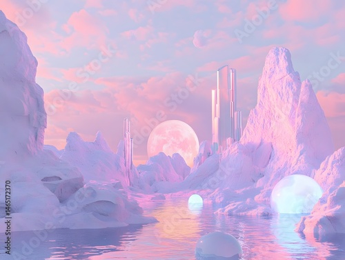 Surreal Landscape with Dreamlike Pastel Skies and Otherworldly Natural Formations, fantasy landscape with moon and clouds