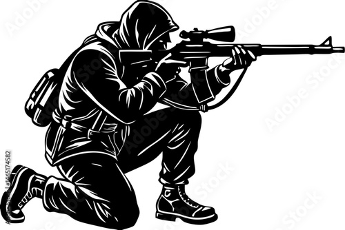 Sniper silhouette design kneeling in side profile aiming on white, sniper, silhouette, kneeling, side profile, aiming, gun, weapon, military, soldier, war, vector, illustration, design, army, target