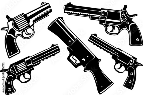 Collection of various handguns and revolvers black silhouette vector design, handgun, revolver, pistol, firearm, weapon, gun, silhouette, collection, second amendment, military, police, protection