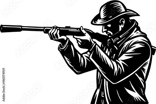 Black silhouette of single hunter standing aiming on transparent background, hunter, hunting, silhouette, aim, aiming, rifle, side profile, standing, black, target, sport, outdoors, wildlife