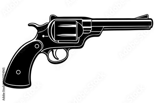 Black revolver silhouette design on white background with transparency, revolver, gun, firearm, weapon, silhouette, vector, design, isolated, outlaw, western, cowboy, vintage, retro, illustration