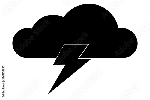 Single cloud with a lightning bolt extending down silhouette design, cloud, lightning, lightning bolt, weather, storm, nature, sky, thunder, rain, danger, vector, silhouette, illustration, design,