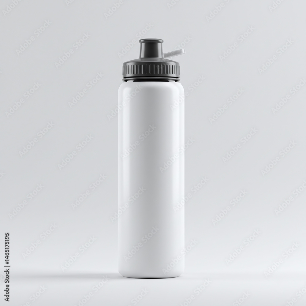 White Sports Water Bottle with Black Cap Front View White Sports Water Bottle with Black Cap Front View