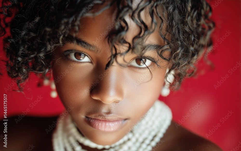 Fototapeta premium Close-up Portrait of a Young Girl With Curly Hair and Pearl Accessories Against a Vibrant Background