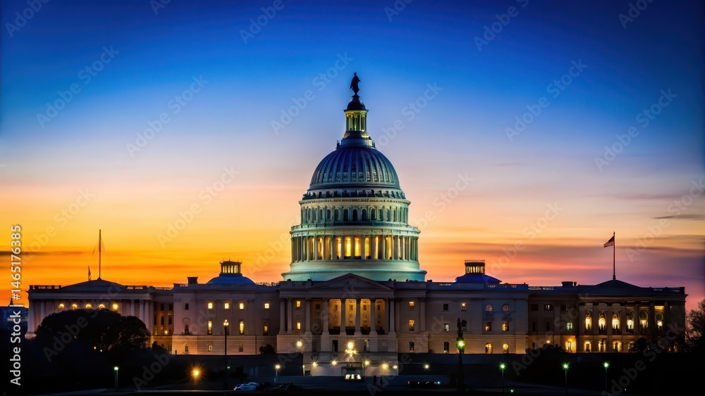 Fototapeta premium Dark blue sky with the Capitol Building at sunset during blue hour, silhouette, nighttime, silhouette, nighttime