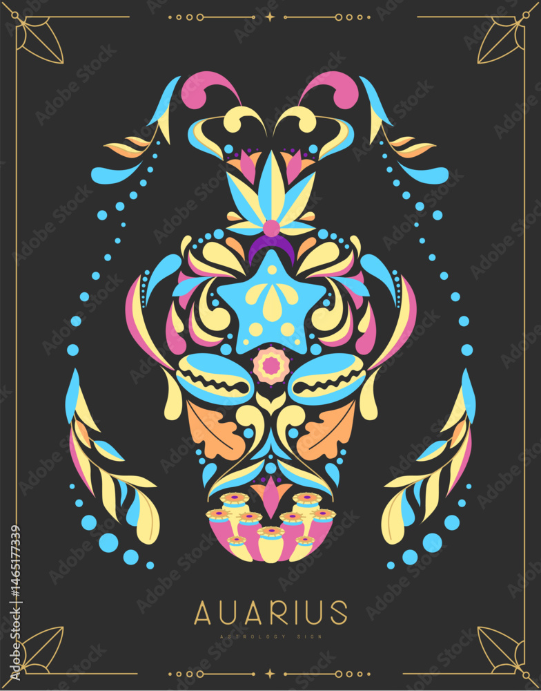 Obraz premium Modern magic witchcraft card with astrology Aquarius zodiac sign with floral ornament. Vector illustration