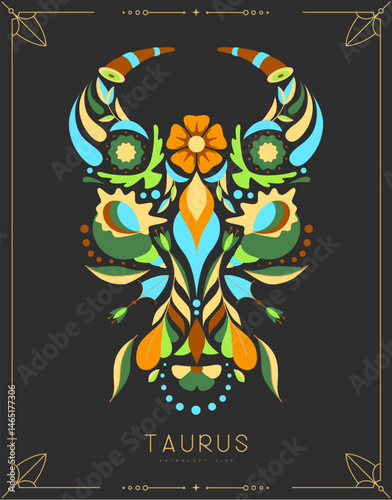 Modern magic witchcraft card with astrology Taurus zodiac sign with floral ornament. Vector illustration