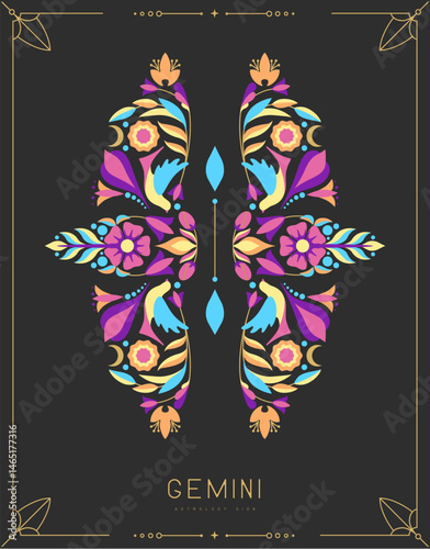 Modern magic witchcraft card with astrology Gemini zodiac sign with floral ornament. Vector illustration