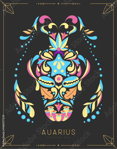 Modern magic witchcraft card with astrology Aquarius zodiac sign with floral ornament. Vector illustration