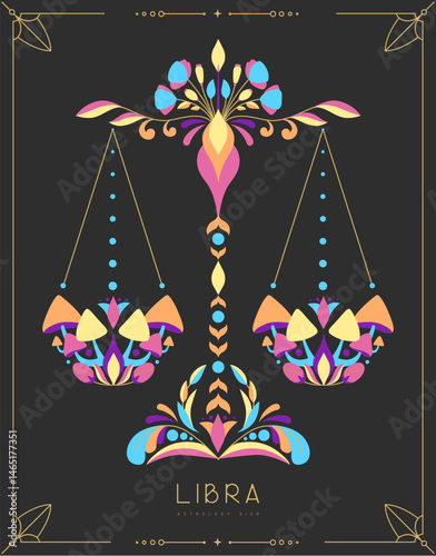 Modern magic witchcraft card with astrology Libra zodiac sign with floral ornament. Vector illustration
