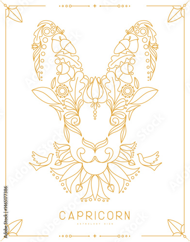 Modern magic witchcraft card with astrology Capricorn zodiac sign with floral ornament. Line art vector illustration