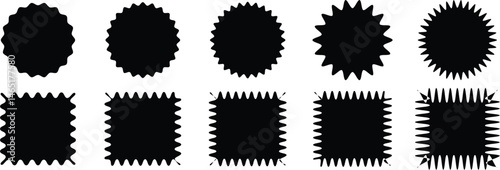Black silhouette scalloped frames. Geometric shapes stickers with zigzag wavy edge. Set of frames with zigzag edge,Wave zigzag dividers. Undulating zig zag round frame