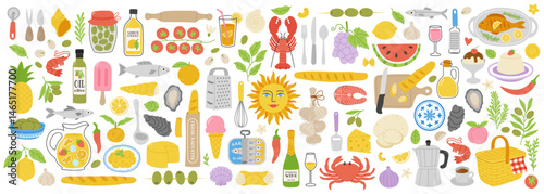 Mediterranean food and cooking ingredients collection with seafood, fruits, vegetables, cheese, wine, herbs, desserts, kitchen utensils and fresh produce in flat hand drawn style. Italian summer set