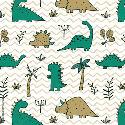 Hand drawn dinosaur pattern collection. Cute dinosaur design set. Perfect for kids fabric, textile, nursery wallpaper. Vector illustration.