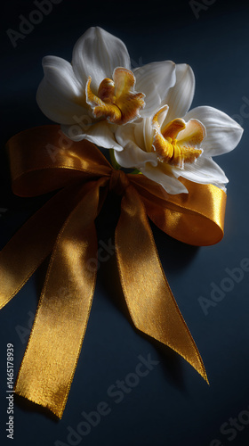 Beautiful white orchidaceous plant flowers adorned with golden medallion