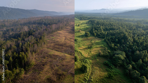 Before-and-after image of forest replanting, left side deforested, right side regrown and lush