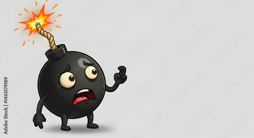 Naklejka premium Cartoon Bomb Character with Frightened Expression and Lit Fuse