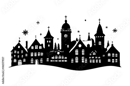 Silhouette of a festive winter village with churches and houses in hand-drawn style on white background, concept of Christmas season