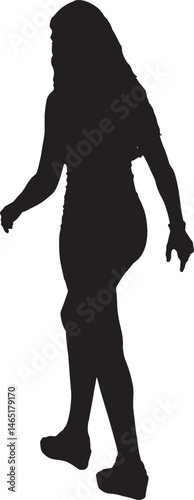  vector silhouette, back view of teen girl walking with dress and high espadrilles