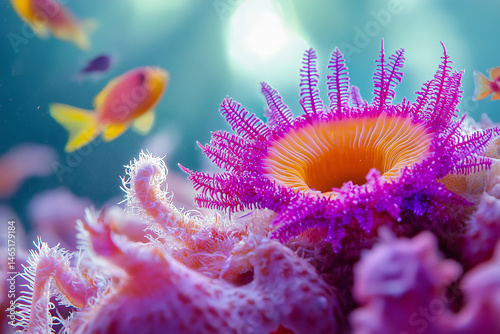 Vibrant purple sea anemone with intricate tentacles is prominently displayed colorful underwater scene, surrounded by small fish and coral. image captures beauty and diversity of marine life