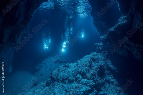 Dramatic view of deep sea where bioluminescent lights illuminate underwater landscape, creating mesmerizing and mysterious atmosphere. rocky formations add depth to this enchanting scene