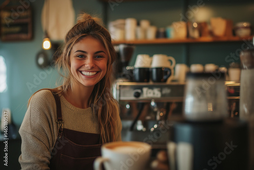 Cheerful barista smiles while preparing latte in cozy cafe, showcasing her passion for coffee and customer service. warm atmosphere invites patrons to enjoy their drinks