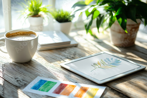 Creative workspace featuring top down view of desk with cup of coffee, tablet displaying watercolor leaf design, and color swatches. natural light enhances vibrant colors and plants, creating